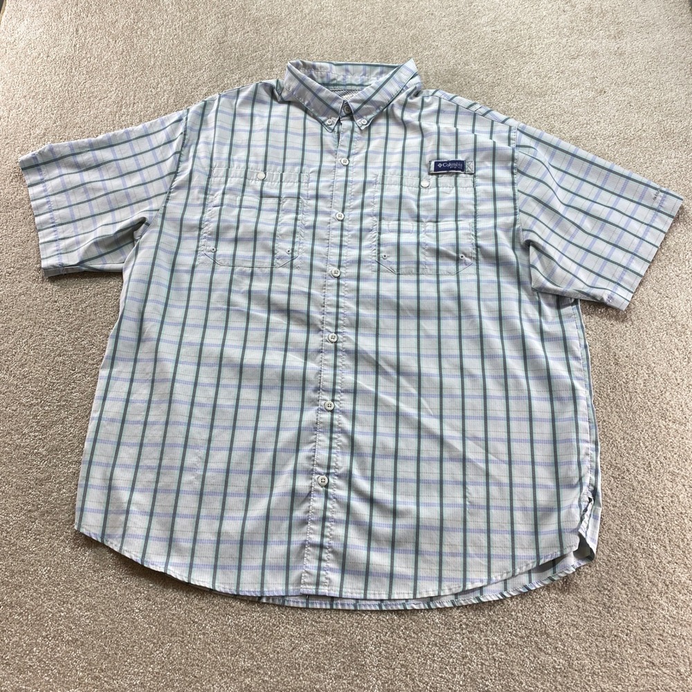 Columbia PFG Fishing Shirt Mens XXL Blue Green Plaid Short Sleeve Button Down